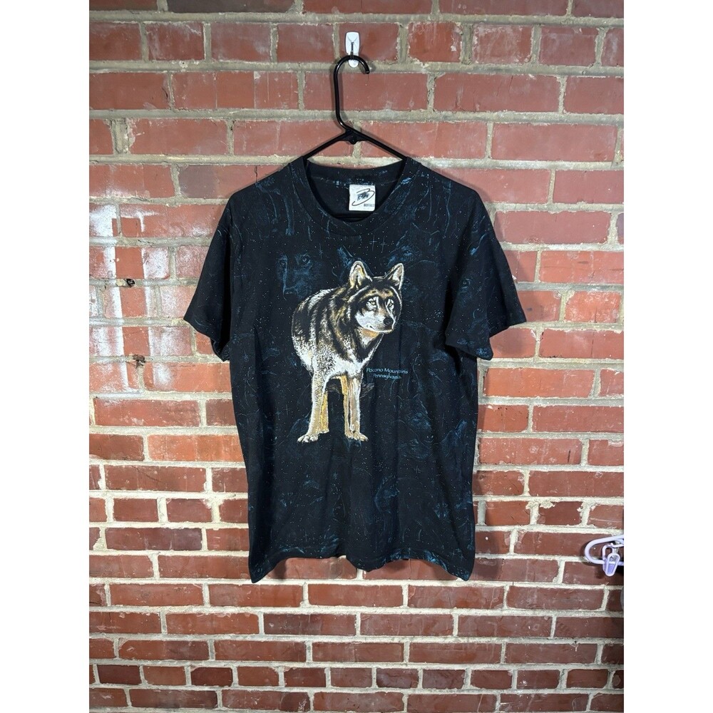 Vintage 90s AOP All Over Wolf Print Pocono Mountains PA Black Shirt Adult Large